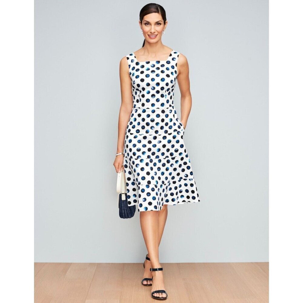 NWT Women's Talbots Size 12 Petite White Blue Water Dots Tiered Midi Sun Dress